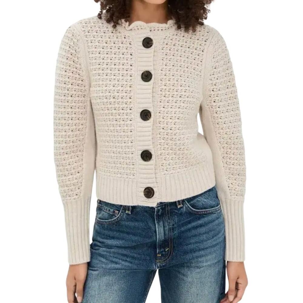Madewell Scalloped Merino Wool-Blend Cardigan Tan size M coastal grandma preppy